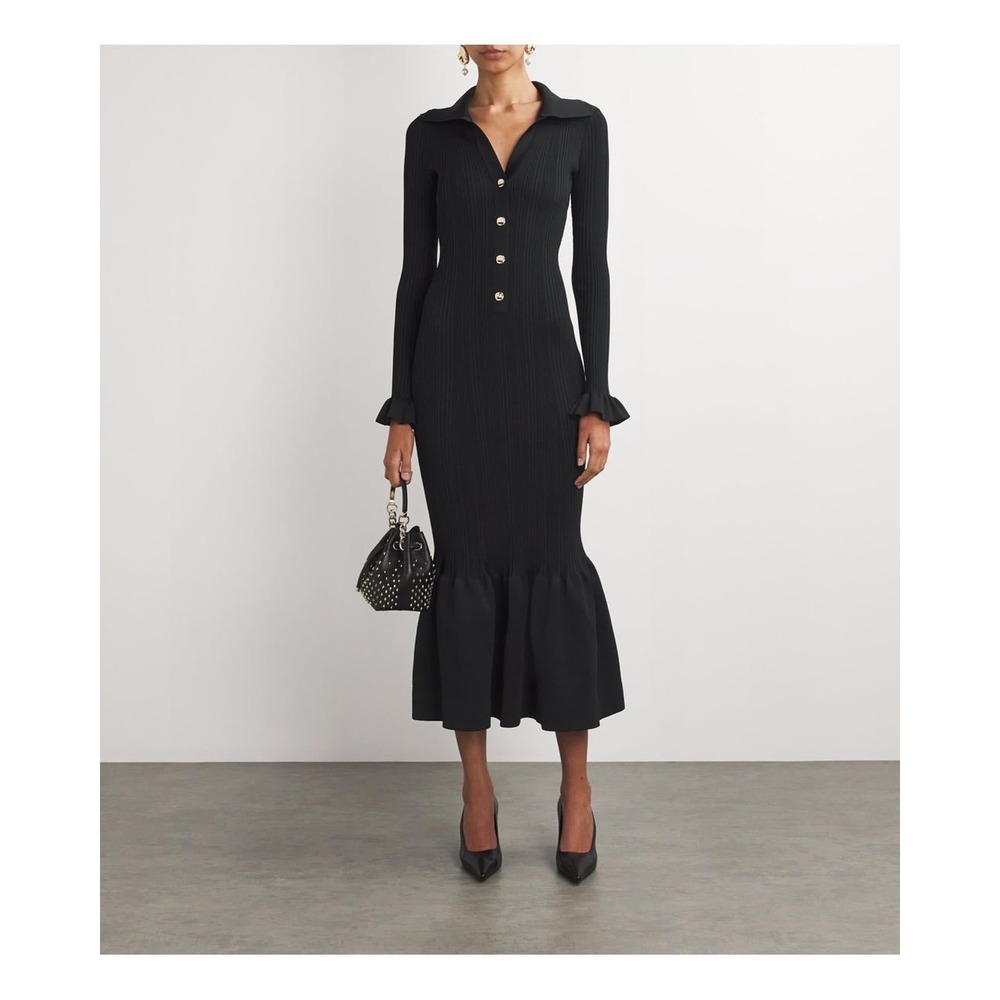 NWT Self-Portrait Black Ribbed Knit Fluted Midi Dress $555‎ - Size Small - Picture 2 of 16